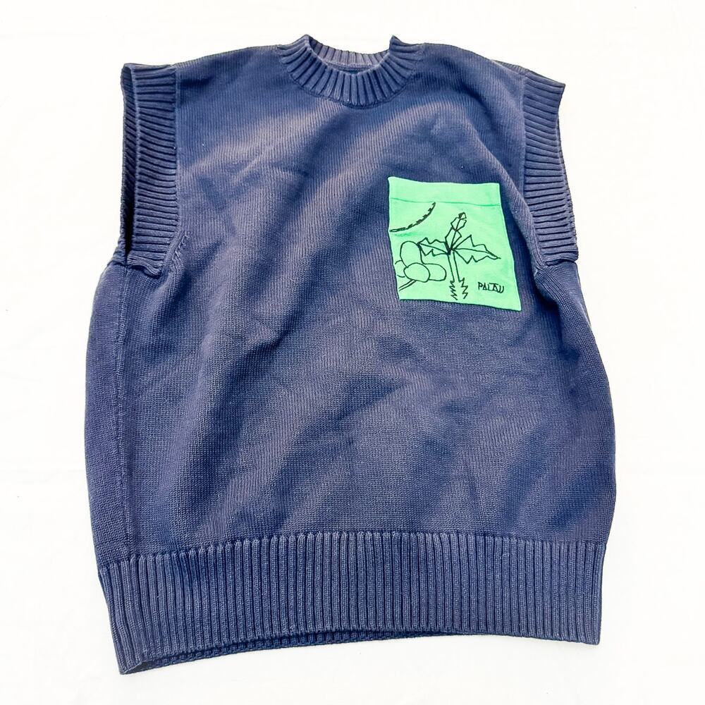 Zara Palau Navy Blue Sleeveless Sweater Green Pocket Mint Size Medium NWOT